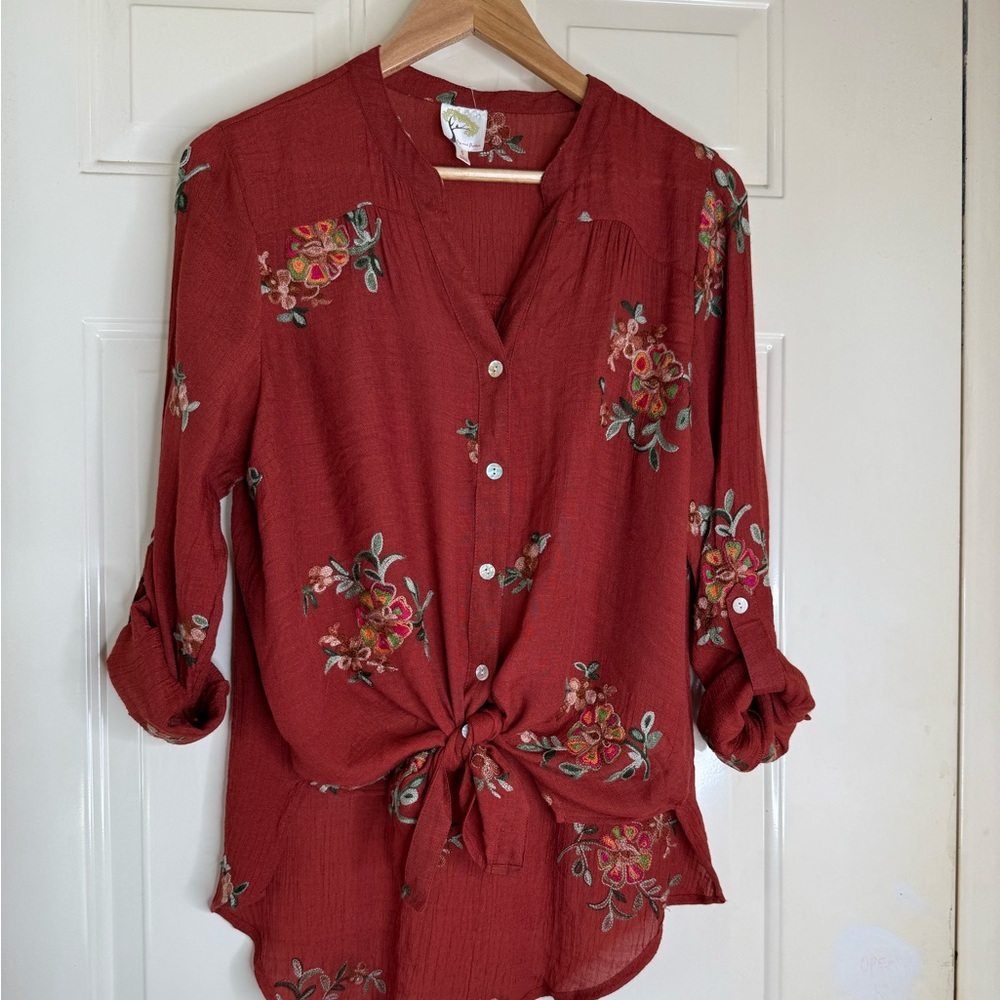 Fig and Flower Rust Colored Mandarin Collar Blouse with Tie Front SZ L